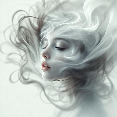 The primary subject of the image is a woman with long hair, who appears to be a young girl. She is the main focus of the image, and her features are prominently displayed. The setting is a white background, which provides a clean and minimalist backdrop for the woman's portrait. The visual style of the image is a digital art or illustration, as it is a detailed and artistic representation of the woman. The colors and mood of the image are predominantly white, which gives it a clean, ser